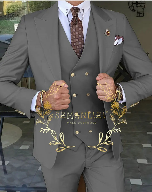 Beige Business Suits For Men Tuxedos Gold Buttons Groom Groomsman Prom Wedding Party Formal 3 Pieces Sets - View 12 | SAMAG