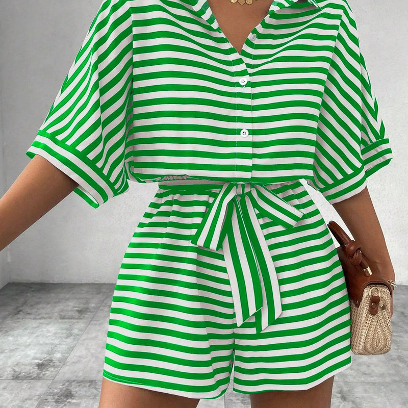 Summer New Set For Women's Casual Loose Comfortable Outfit Fashion Striped Batwing Sleeve Shirt Top+ Shorts 2-piece Sets Woman