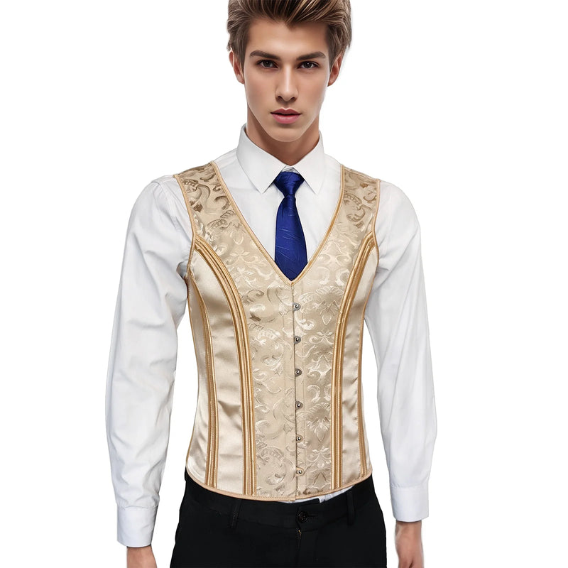 Mens Corset Vest Lace Up Bones Formal Waistcoat Beige Floral Waist Trainer Dress Vest For Wedding Party Tight Tops