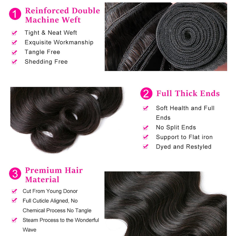Vanlov Brazilian Body Wave Hair Bundles Human Hair Weave Bundles Natural Black/Jet Black 1/3/4 Piece 8-30” Remy Hair Extensions