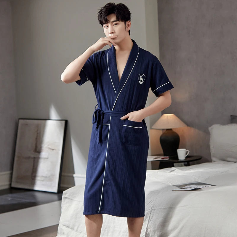 Big Yards L - 4XL Pajamas Mens Soft Cotton Knited Robes Sexy V-Neck Short Sleeve Bathrobe Male Solid Color Nightgown Lounge