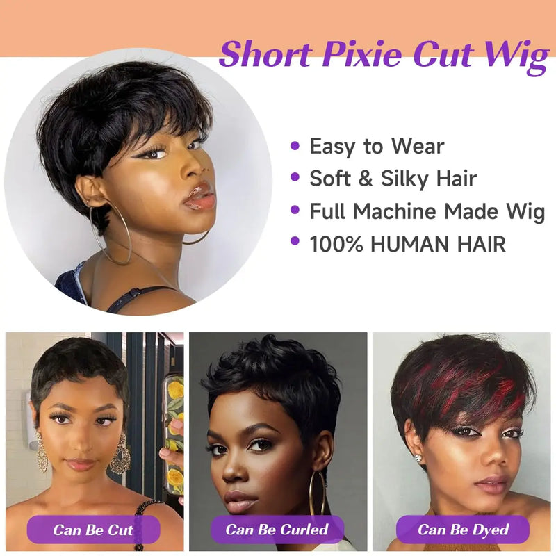Short Pixie Cut Wig Layered Chocolate Brown Cut  Human Hair Wig 4# Straight Hair Pixie Wigs with Bangs Full Machine Duby Wig