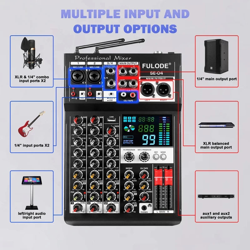Fuluode SE-04 Professional 4 Channel Audio Mixer with UHF Wireless Microphone Sound Mixing Console USB Bluetooth Karaoke System