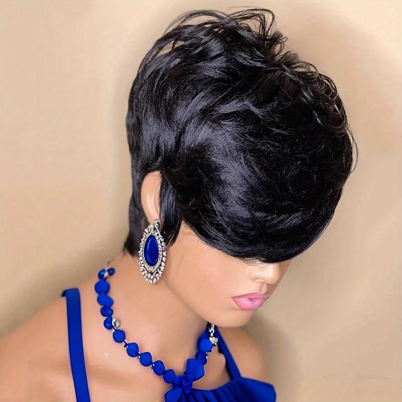 Short Bob Wig Pixie Cut Curly Human Hair Wigs For Women Natural and Brown Color Human Hair Machine Made Wig