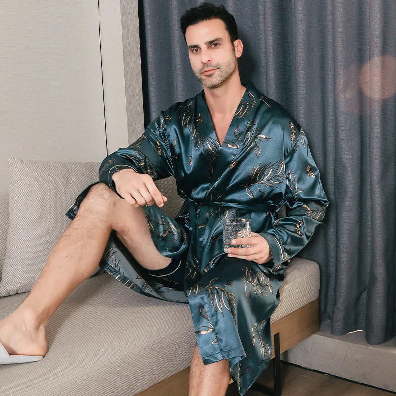 Pajama men's spring and autumn silk thin style oversized pajamas long sleeved bathrobes ice silk bathrobes home clothing summer