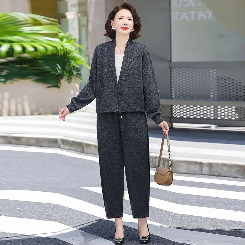Women Spring Autumn Knit Two Piece Set Middle Aged Mom Open Cardigan Loose Casual Harem Pants Fashion Outfit
