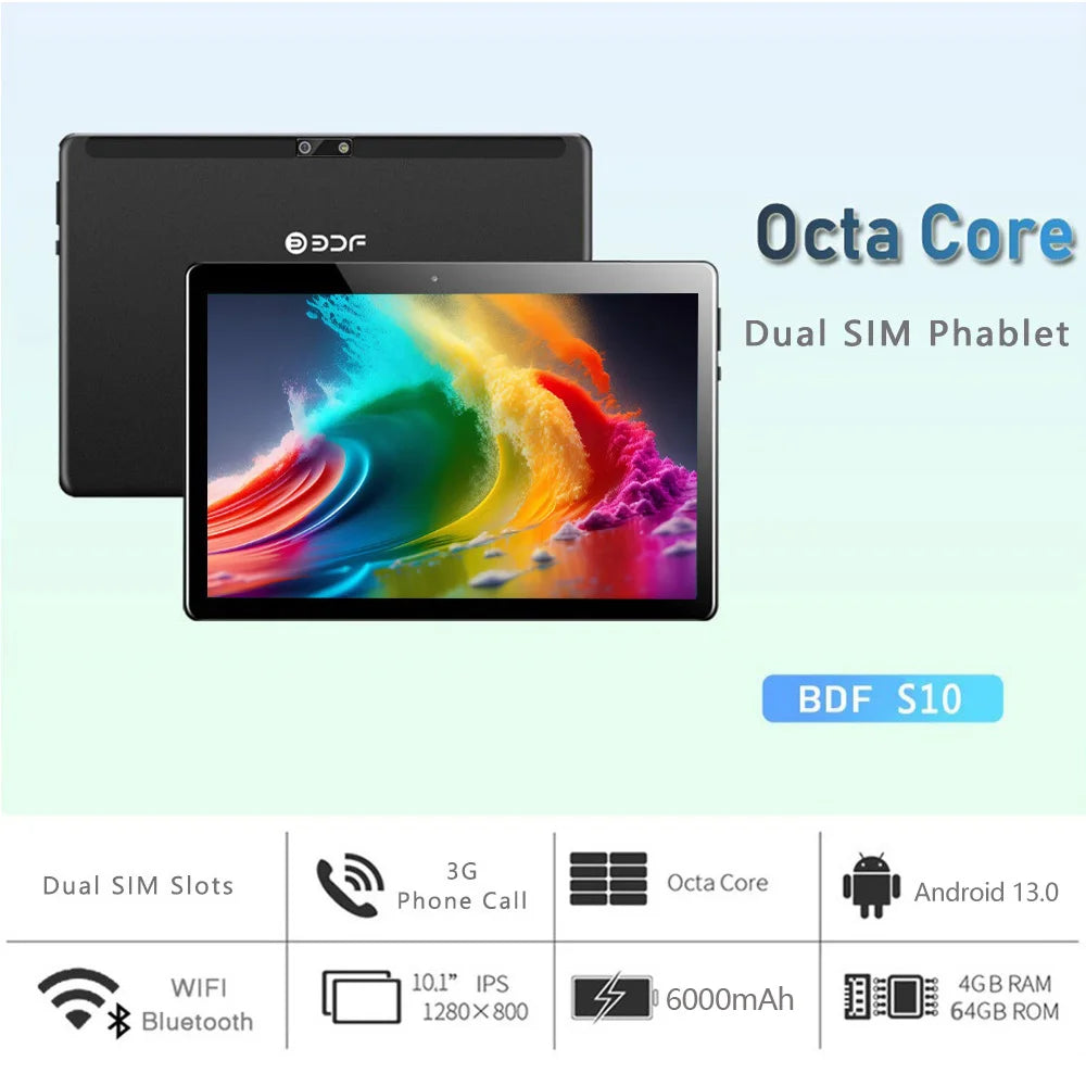 10.1-inch Octa Core Tablets 4GB+64GB ROM Google Play Dual SIM Phone Call, WiFi, Bluetooth, 6000mAh Battery, with Protective case