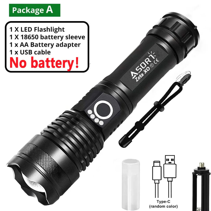 Most Powerful Flashlights High Power XHP70 LED Super Bright Torch USB Rechargeable Zoomable Lantern for Camping Hunting  26650