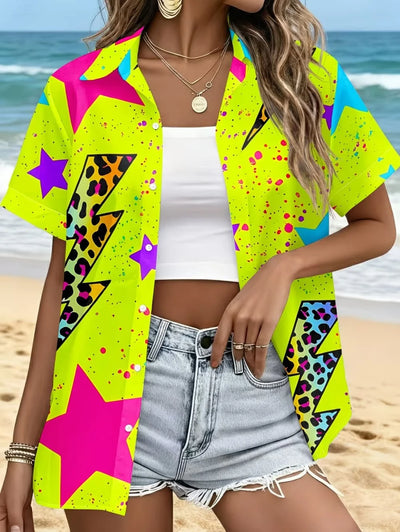 Neon Green Star Pattern Lapel Shirt for Women Leopard | SAMAG