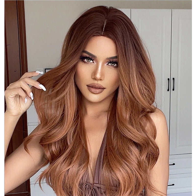 Red Brown Copper Ginger Long Wavy Synthetic Hair Wigs for Black Women Body Wave Ombre Wig Cosplay Natural Heat Resistant Wig