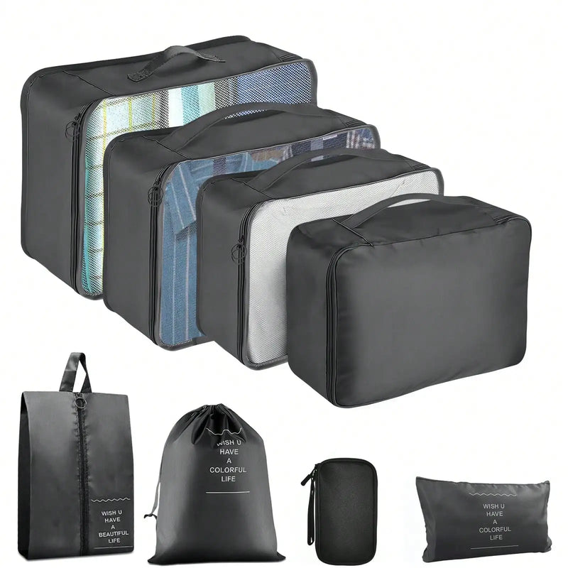 Waterproof Portable Travel Storage Set Including 8 Packing Cubes & Electronic Cable Organizer Pouches, Durable Carry Bag for Charger, Phone, Earphone and Travel Accessories, Black