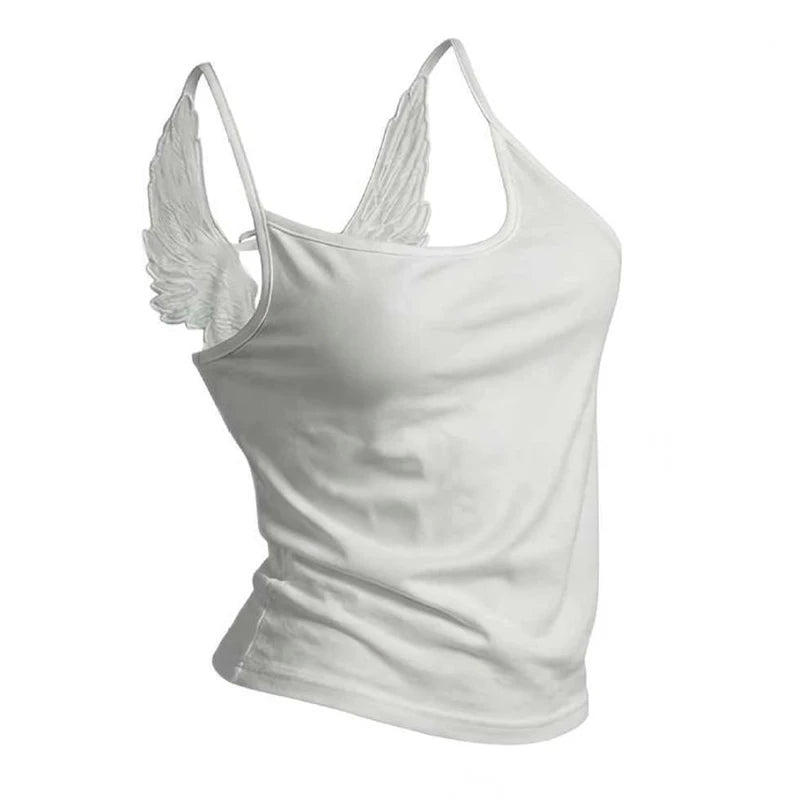 Women Angel Wing Lace Cami Top Back Bow Tie Sleeveless Tank Top Y2K Slim Fit Crop Camisole Summer Streetwear Vest