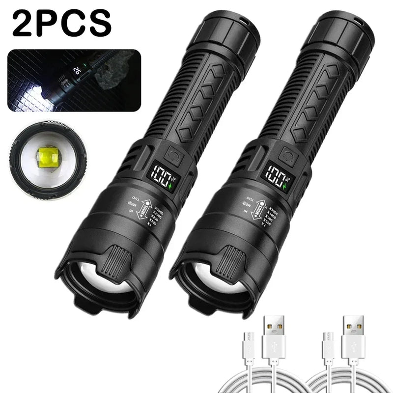 High Strong Power Led Flashlights 2000LM Tactical Torch with Display Light USB Charging Camping Fishing Emergency Zoom Lantern