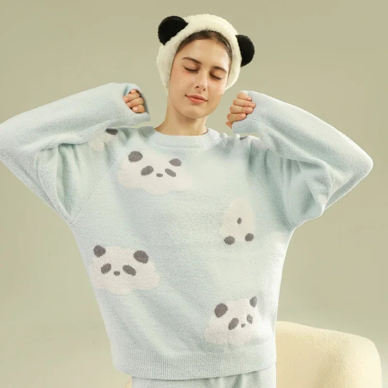 SUJIIN Women's Cute Pajamas Sets Autumn Winter Panda Graphic Sleepwear for Women Men Couple Loungewear Suit Home Clothes SH001