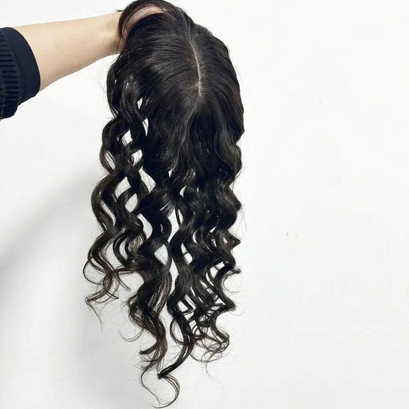 15x16cm Virgin European Human Hair Topper Hair Piece Clips in Loose Wave Silk Top Base Topper with Bangs for Thinning Hair Women