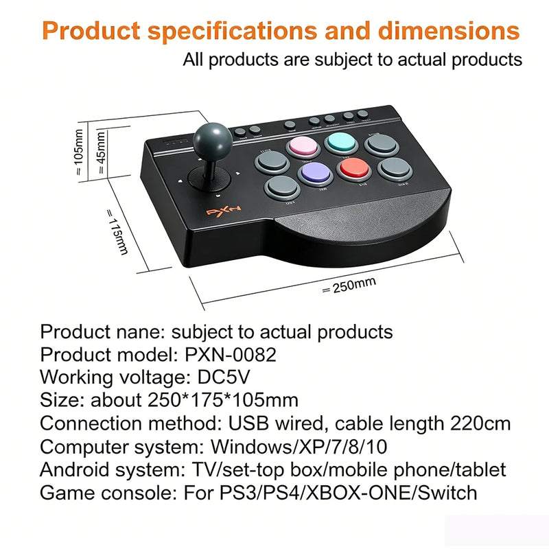 PXN 0082 Arcade Game Controller | Turbo Macro, 4 Strong Suction Cups, Switchable Joystick D-Pad