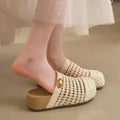 Women Closed Toe Crochet Mesh Hollow Out Wedge Mid Chunky Heel Mules Sandals Slides Casual Summer Daily Slippers Shoes for Women
