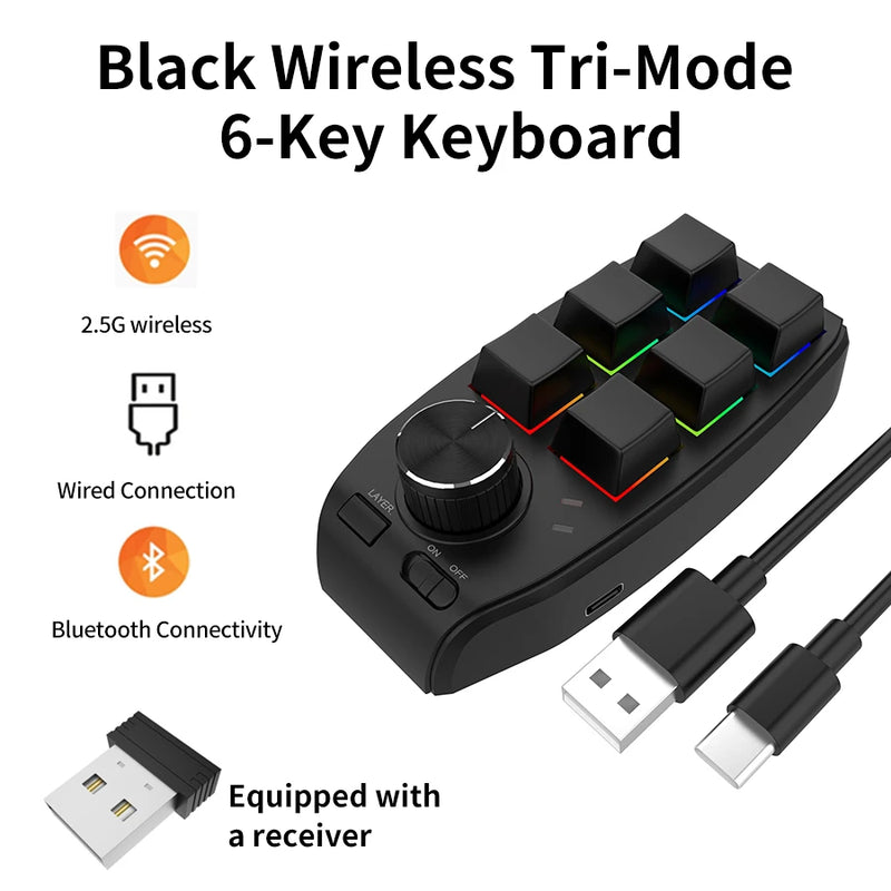 6 Key 1 Knob Bluetooth Keyboard USB Macro Custom Mini Keypad Copy Paste DIY Mechanical Keyboard Gaming Drawing Portable Hot-swap