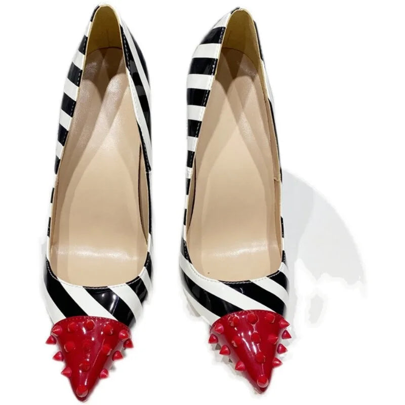 Black and white striped patent leather color blocked rivet pointed thin heel shallow mouth sexy super high heels single shoe