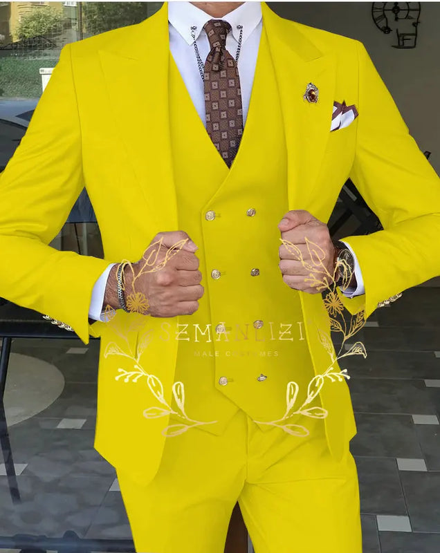 Beige Business Suits For Men Tuxedos Gold Buttons Groom Groomsman Prom Wedding Party Formal 3 Pieces Sets - View 9 | SAMAG