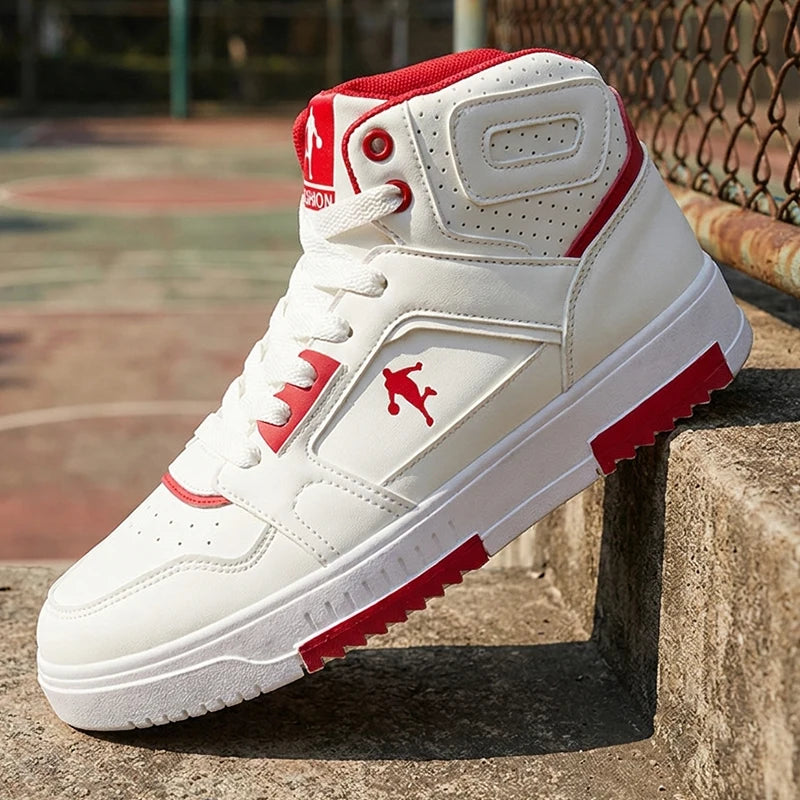 Men's White High-Top Color Block Sneakers, Lace-Up Casual Skate Shoes for Streetwear