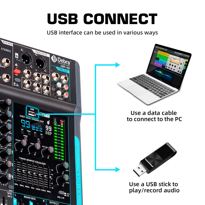 Debra DP-10 Channels 99 DSP Audio Mixer DJ Controller Reverb Recording Mixing With Bluetooth 5.0 Professional Performance