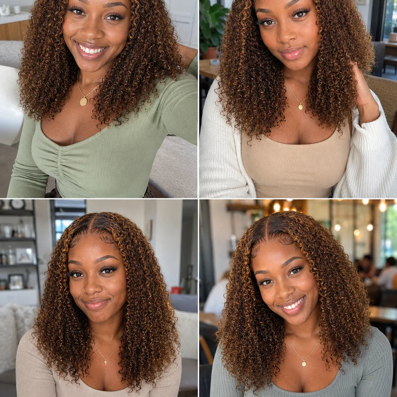 TIMOPOL 20 Inch Jerry Curly Human Hair Wig P4/27 Highlight 13x4 Lace Frontal, Glueless Pre Plucked with Baby Hair Curly Wig for Black Women