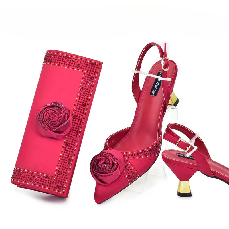 New Fashion Rhinestone Women Shoes and Bags To Match Set Nigeria Party Women's Pumps with Handmade Flowers Bag and Shoe Set