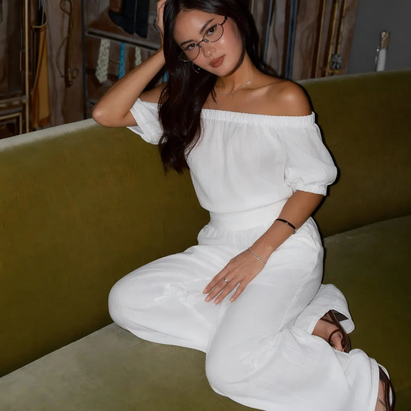 ZEKYE Waist Feeling Wide Legs Solid Color Breathable Top Women's Style Linen Suit Pants Vacation Two-piece Set Shoulder Light