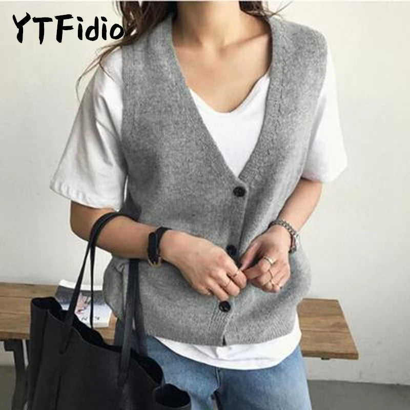 YTFidio Women Cardigan Vest Clothing O-neck Tank Tops Four Button Casual Outerwears Ladies Tops Knitted Solid Casual Autumn 161