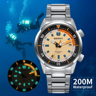 BERNY Automatic Diving Watches for Men 20ATM Super Luminous Mechanical Diver Watch Sapphire Full Stainless Steel Dive | SAMAG