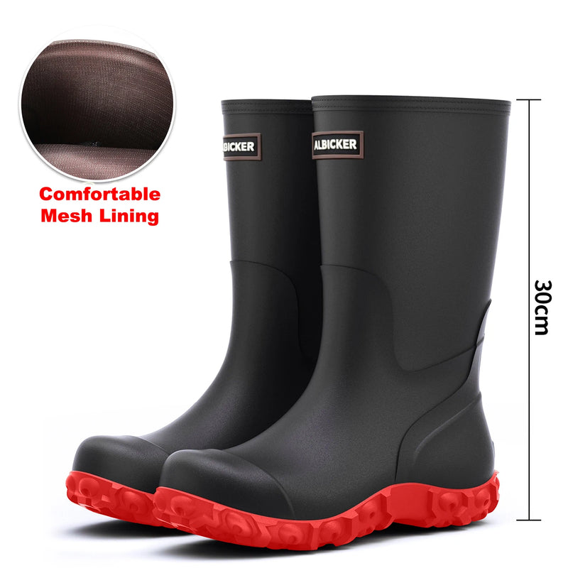 Men's Rain Boots Long Tube Water Shoes Non-slip Waterproof Safety Work Shoes Black Red High-Top Fishing Boots With Cotton Socks
