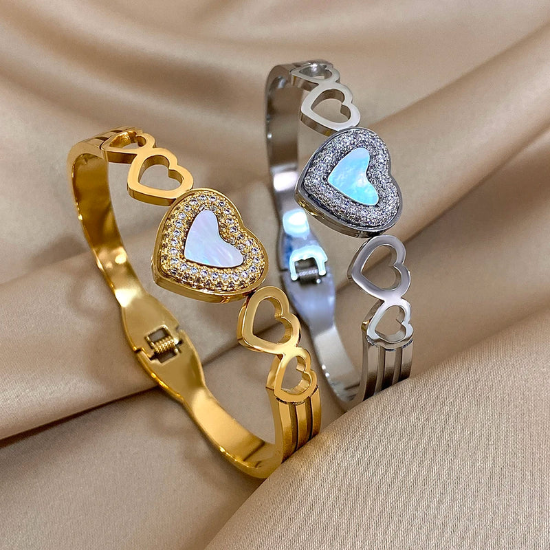 Stainless Steel Bangle Bracelet Inlay Luxury Rhinestones Gorgeous Synthetic Zirconia Geometric Oval Square Stars Shape for Women