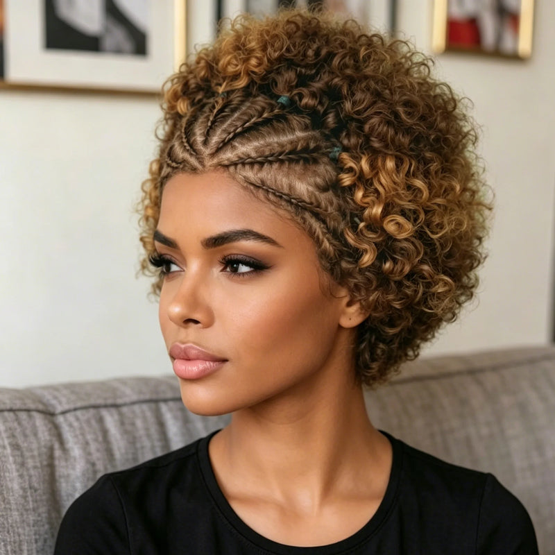 13x4 Lace Front Braided Top Curly Human Hair Wig for Women 180% Density Pre Plucked Natural Hairline Wig