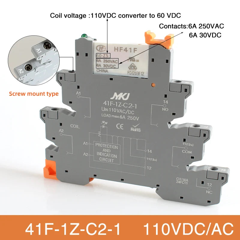 Din Rail Slim Relay Module 41F - 1Z - C4 - 1 Integrated PCB Mount Power With Holder 12V 24V ACDC 220V - Visuel 20 | SAMAG