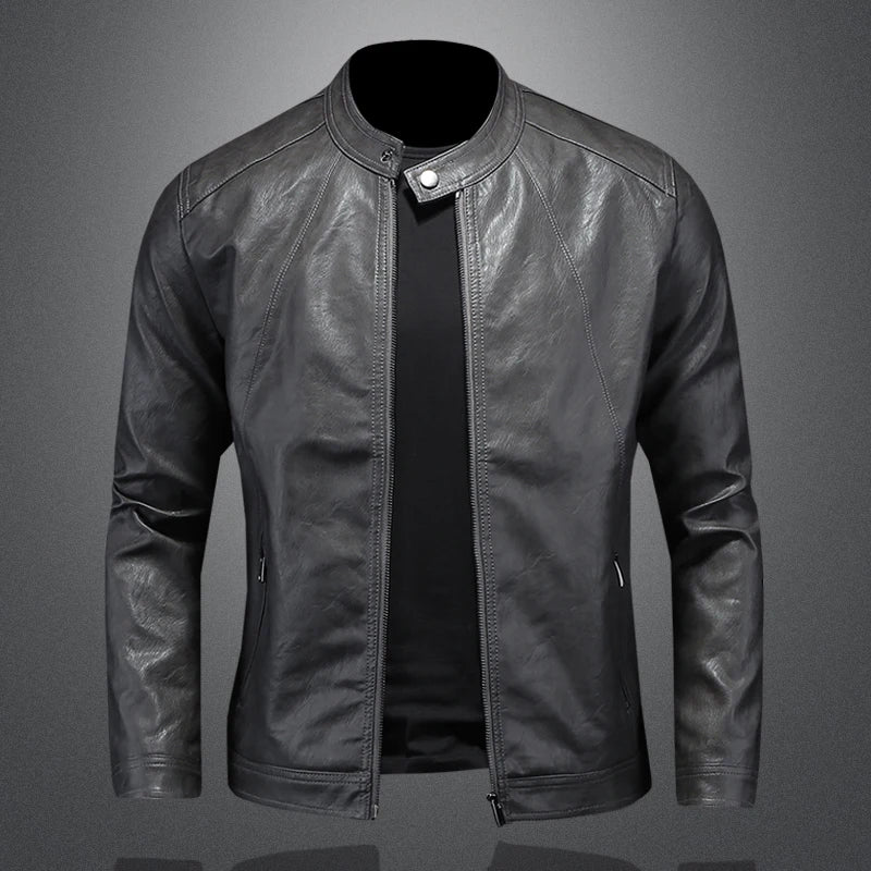 2024 Autumn and Winter New Fashion Handsome with Solid Color Men Stand Collar Motorcycle Leather Coat Slim Fashion   M-5XL