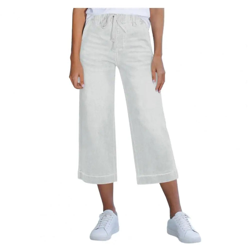 Cropped Pants for Women, High-Stretch Denim Wide-Leg Trousers, Drawstring Waistband Casual Summer Pants Denim Jeans Women