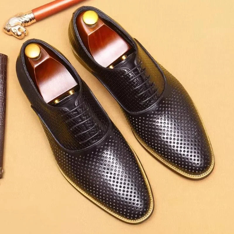 Men's Business Casual Oxford Shoes Real Cow Leather Comfortable Breathable Hollow Leather Summer Shoes White Dress Shoes