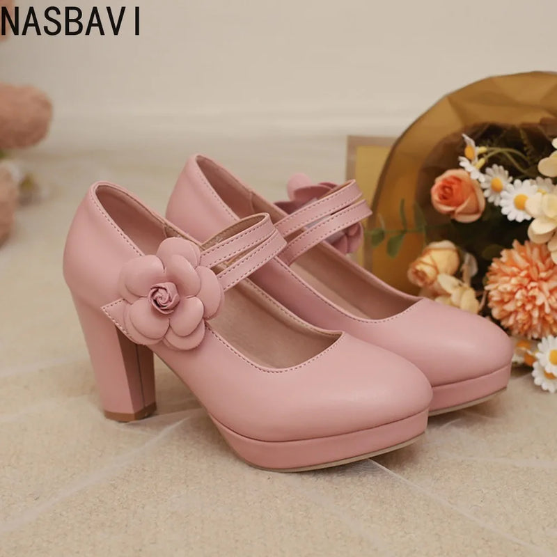 Platform Women's High Heels 8.5cm Pumps Fashion Flower Mary Janes Shoes Size 33- 48 Pink Black White Heeled Wedding Office Shoes