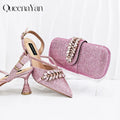 Queena Yan New Arrival Fashionable Olive Color Diamond Decorative Party Wedding Pointed Toe Women's High Heels and Bag Set