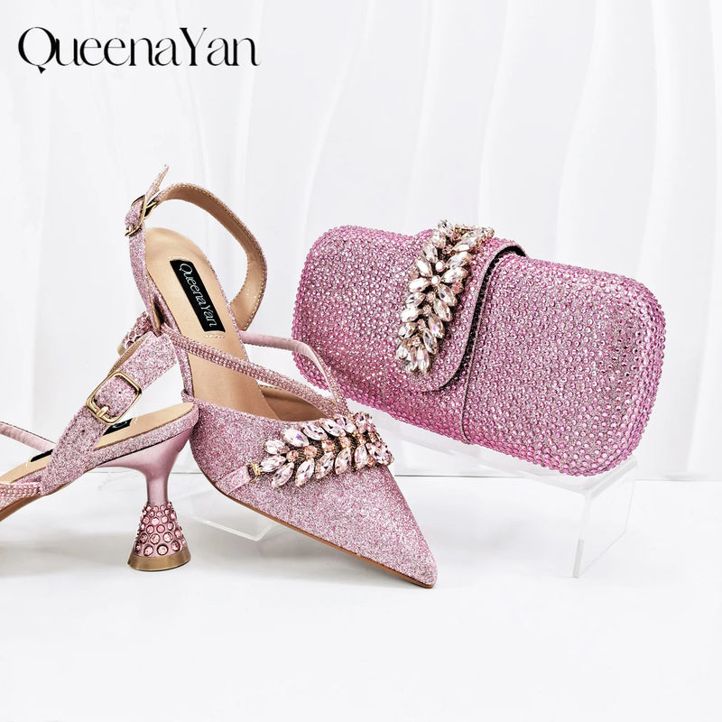 Queena Yan New Arrival Fashionable Olive Color Diamond Decorative Party Wedding Pointed Toe Women's High Heels and Bag Set