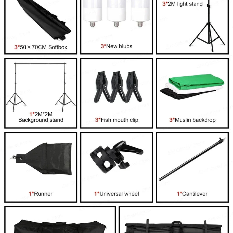 Photography Photo Studio Softbox Lighting Kit With 2.6x3M Background Frame 3pcs Backdrops Tripod Stand Reflector Board 4Umbrella