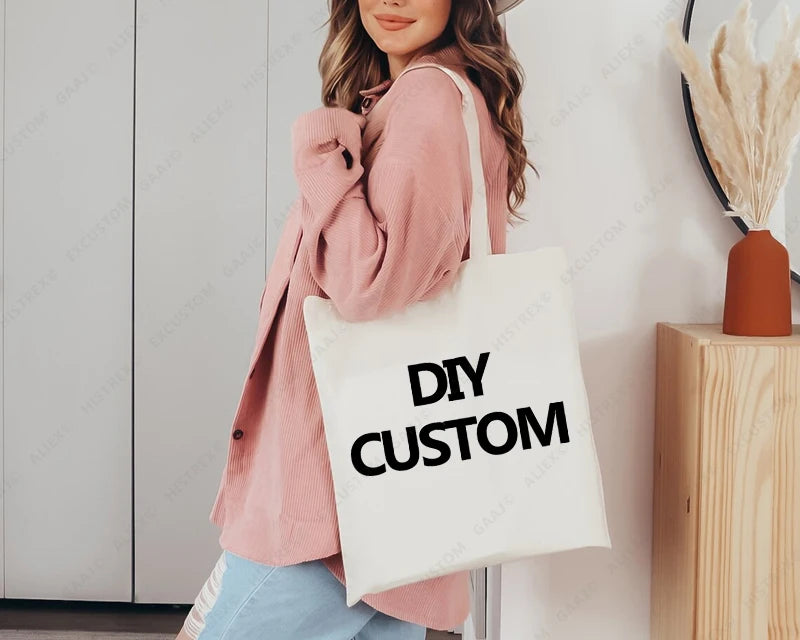 Custom Canvas Tote Bag 100% Cotton Print Your Design Logo Photo Handbag Work Reusable Grocery Shopping Customized Portable Bag