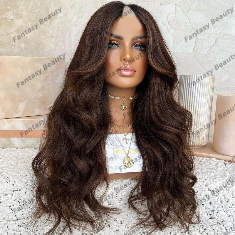 Highlight Human Hair Honey Brown1x4 Opening V Part Wigs with Clips Glueless 30Inches Dark Brown V Part Wigs for Women Easy Wear