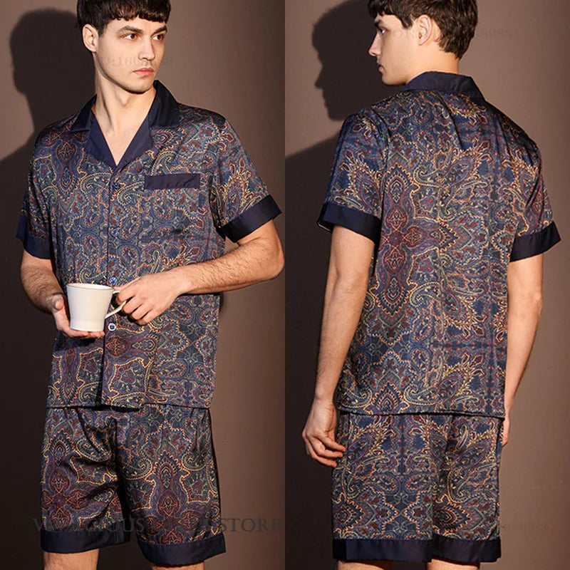 New Men's 3PCS Robe Sets Pajama Ice Silk Rayon Kimono Gown Bathrobe Loungewear Loose Print Home Clothes Nightwear Male Sleepwear