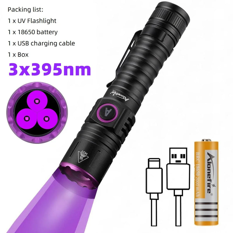 15W 365nm Rechargeable UV Flashlight Ultraviolet Black Light for Pet Urine Stains Uranium Glass Minerals Bug Scorpions Detector