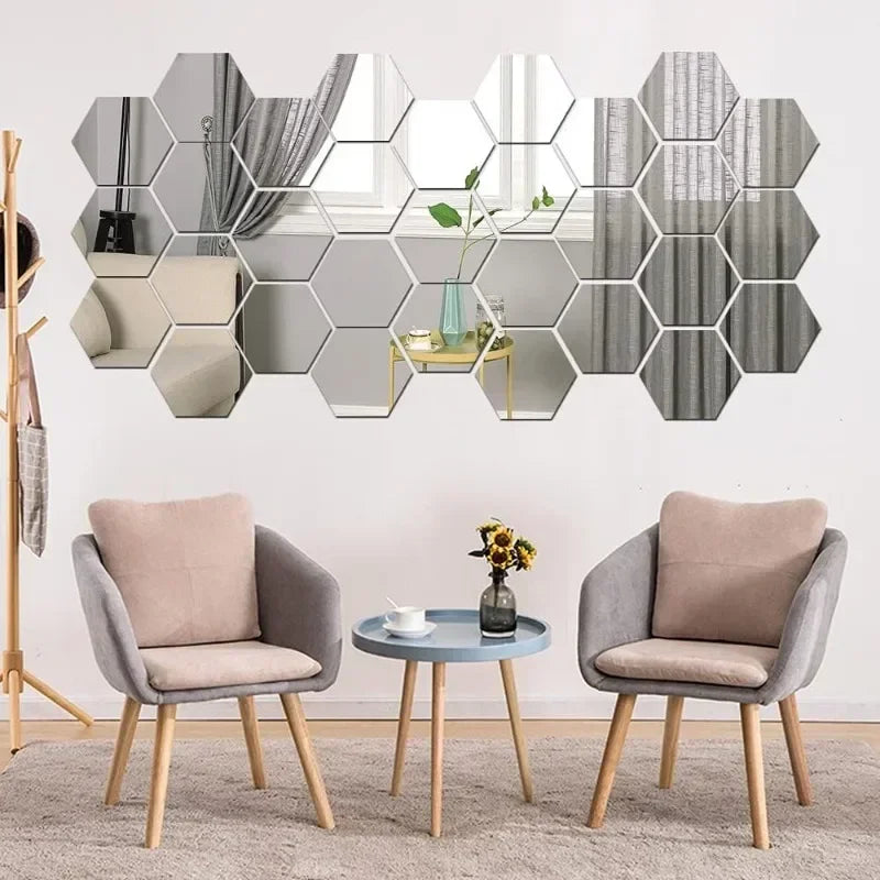Hexagon Acrylic Mirror Wall Sticker Acrylic Adhesive Gold Silver Mosaic Tiles Removable DIY Bedroom Bathroom Home Decor Sticker
