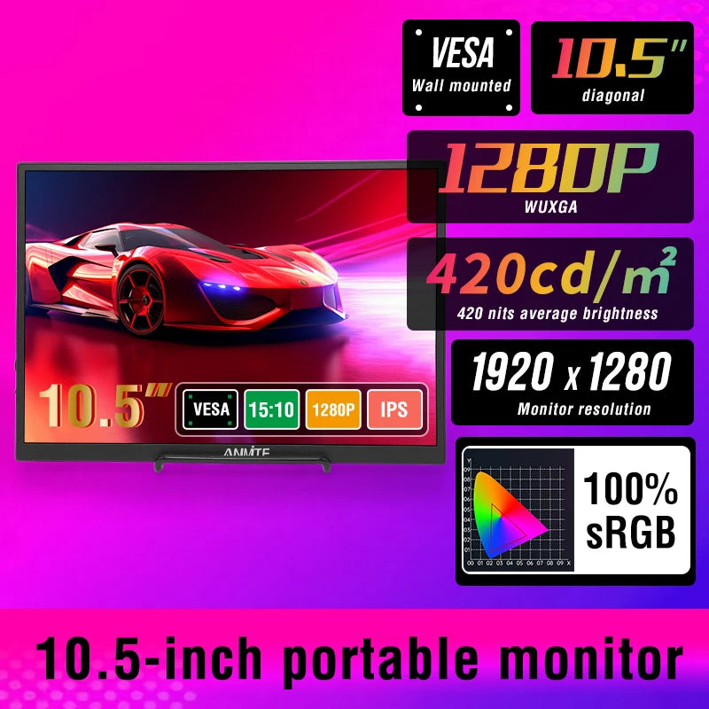 Anmite 10.5-Inch Portable Monitor 1280P HDR 15:10 Low Blue Light For XBox PS4 / 5 Switch Cell Phone PC Loptop Extension