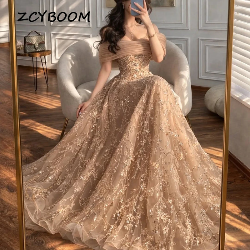 Customized Luxury Off the Shoulder A-line Prom Dress Sequined Appliques Dubai Evening Dresses Tulle Formal Party Gown 2026