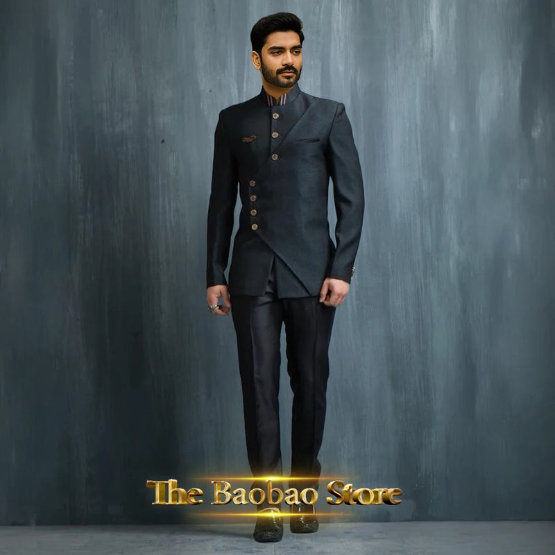 Matching Design Men's Suit 2pcs African/Indian Safiri Attire Customized Set with Gold Button for Wedding Party Formal Events